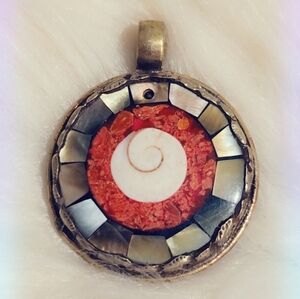 Tibetan Mother Of Pearl, Coral & Shiva Shell Pendant